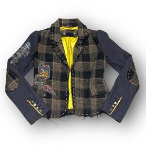 RAW 7 Wool Jacket Blazer Plaid Patchwork Appliquéd Sz Small Skull Rhinestones